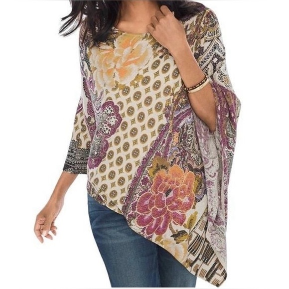 Chico's Sweaters - Chico’s Medallion Floral Paisley Poncho Lightweight Knit size L/XL